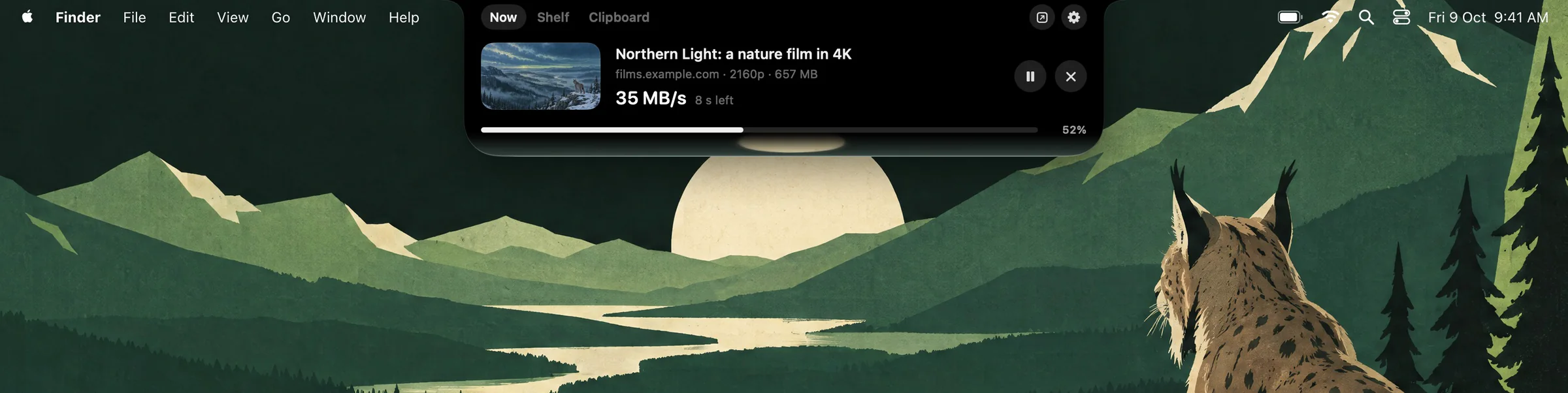 Lynx Notch on a MacBook: a download open in the notch with a thumbnail, speed, time left, pause and stop